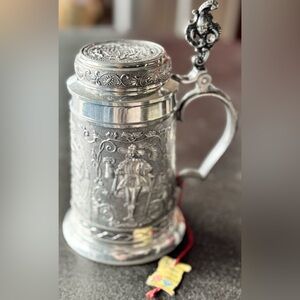West German Rein Zinn BMF Full Relief Pewter Lidded Stein Nurnberg